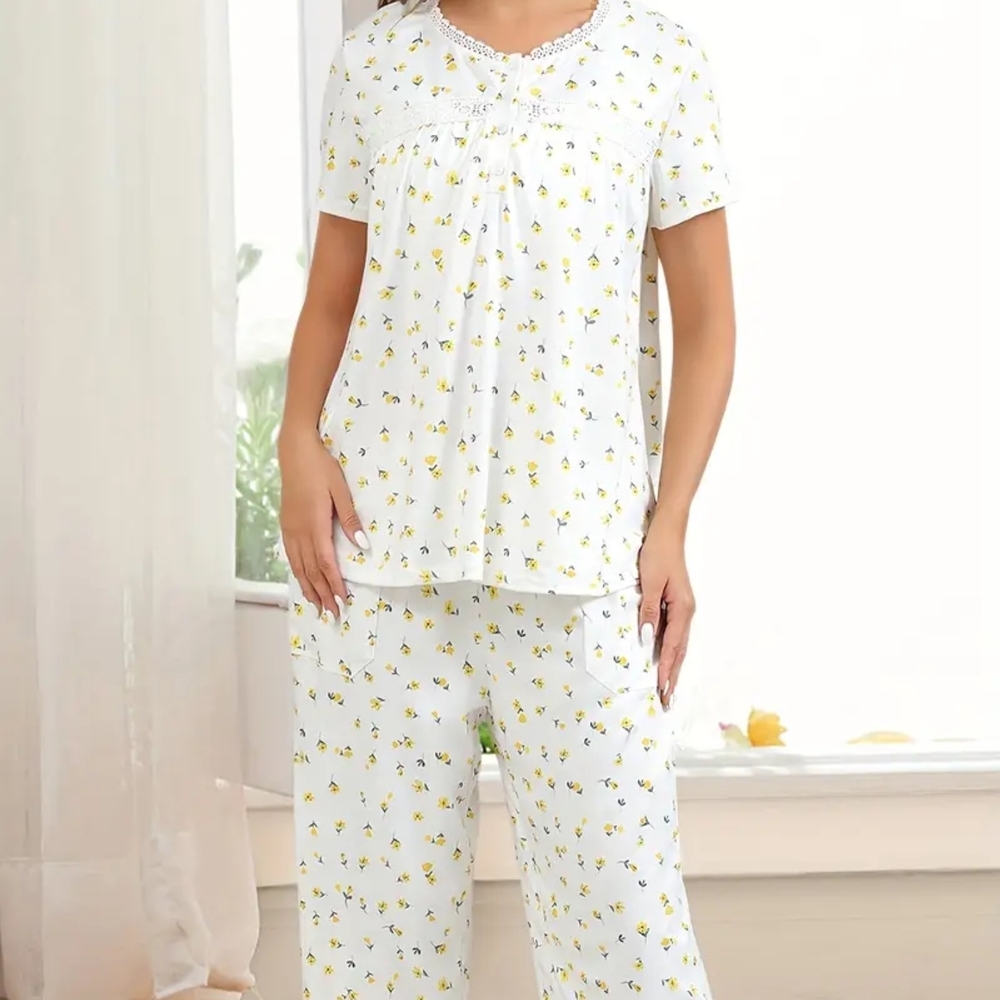 Charming White and Yellow Floral Pajama Set
